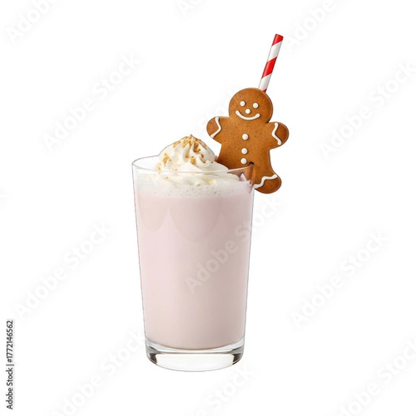 Fototapeta Festive gingerbread cookie milkshake with whipped cream and a striped straw on white background