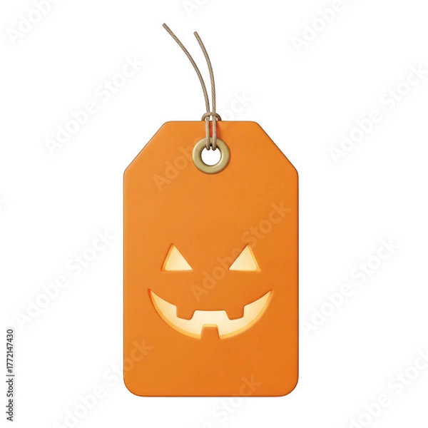 Fototapeta Halloween themed orange tag with a jacko'lantern face on white background