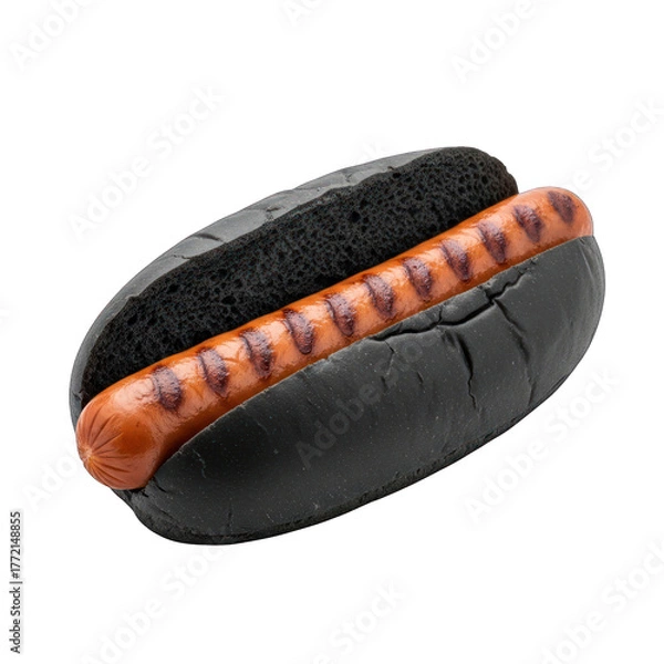 Fototapeta Grilled hot dog in a black bun against a dark studio background shot on white background
