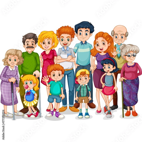 Fototapeta Diverse Extended Family Group Portrait Featuring Multiple Generations of Adults and Children Standing Together in Casual Attire with a Transparent Background