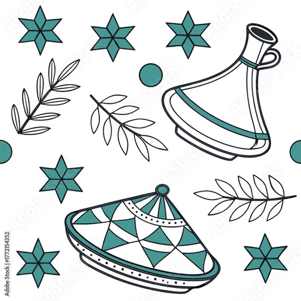 Obraz Seamless Vector Pattern of Tagine Pots and Zellige Stars