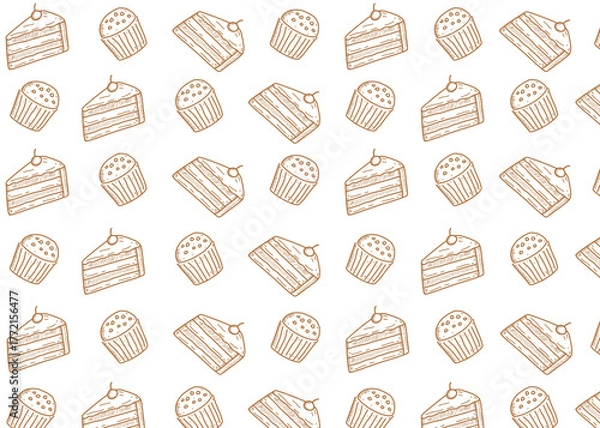 Fototapeta Seamless pattern of hand-drawn cakes and muffins in doodle line art style. Perfect for bakery packaging, café branding, wrapping paper, textile design, and background decoration. Food packaging
