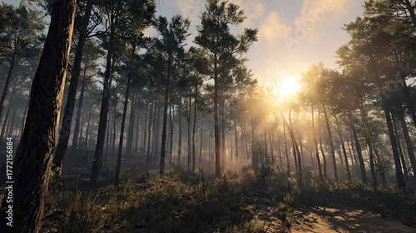 Fototapeta A serene forest scene with tall trees and sunlight filtering through, creating a tranquil atmosphere filled with natural beauty.