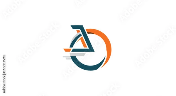 Fototapeta Geometric teal triangle entwines with orange arc forming a circular motion around a grey core. Bold