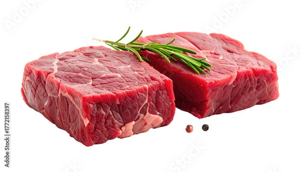 Obraz Raw, red meat cubes, garnished with rosemary, on dark background