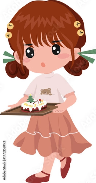 Obraz Chibi Girl Holding Christmas Cake Illustration