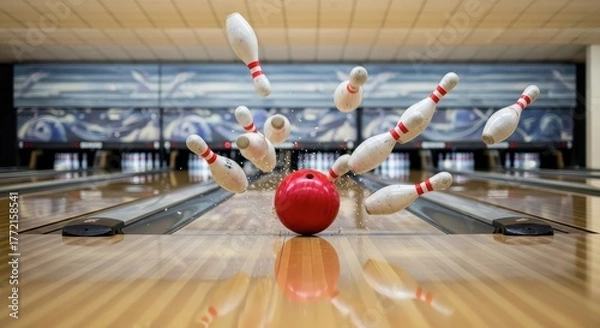 Fototapeta Bowling Pins Exploding After a Strike in Slow Motion