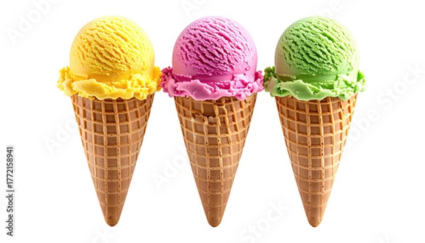 Obraz Three colorful ice cream scoops in waffle cones, isolated