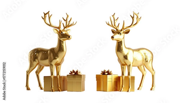 Obraz Two golden deer atop presents, against black backdrop