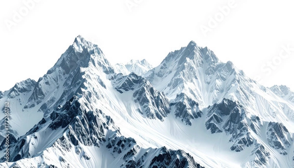 Fototapeta Snowy mountain peaks, sharp ridges against a black background
