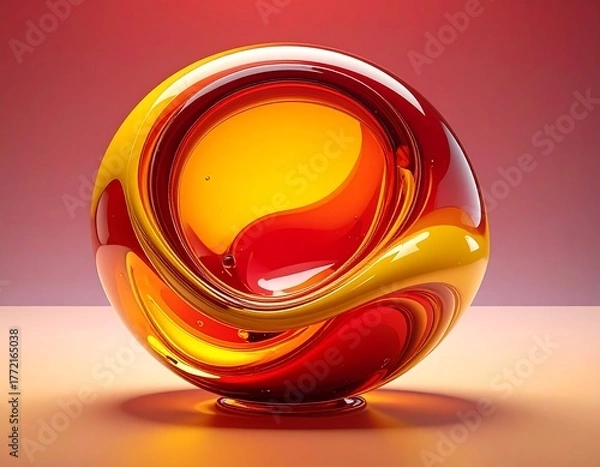 Fototapeta A glossy, transparent orb with swirling red and yellow patterns, soft lighting