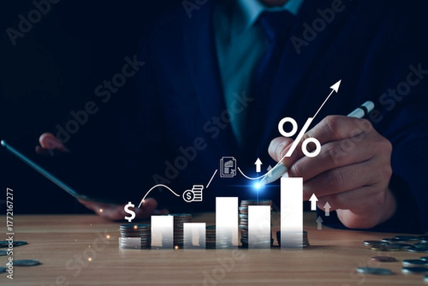 Fototapeta Interest rate and dividend concept, Businessman with percentage symbol and up arrow, Interest rates continue to increase, return on stocks and mutual funds, long term investment.
