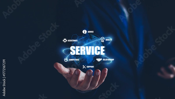 Fototapeta Business service online digital technology, Businessman with digital globe hologram, Quality, relationship customer service advice and support, Technology ai assistance online services