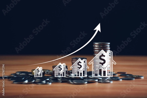 Fototapeta Real estate property investment concept, stacking coins and model house increasing, invest real estate property, house, apartment, office, property tax and Inflation Insurance