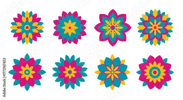 Obraz Set of eight vibrant geometric floral mandalas with stylized petal patterns in pink teal and yellow.