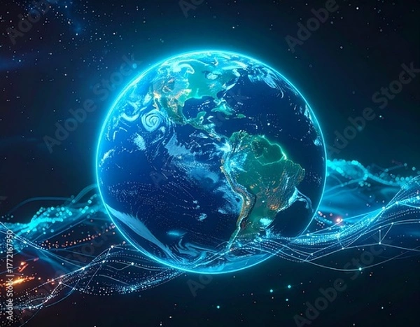 Fototapeta Holographic Earth with Data Streams