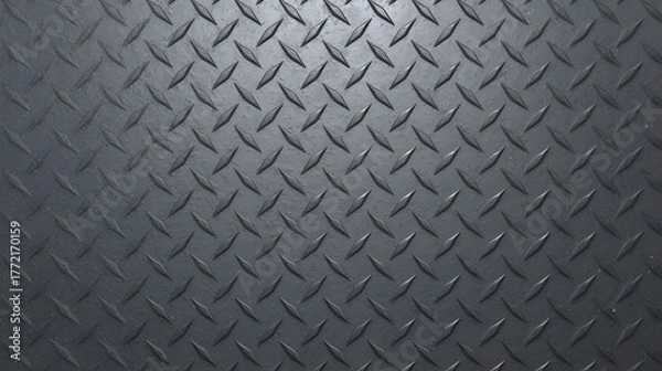 Fototapeta Close-up shot of a textured dark grey metal surface with a repeating diamond pattern for industrial or construction applications