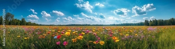 Fototapeta Summer meadow landscape with blue sky, white clouds and colorful wildflowers, green grass field with distant mountains and trees, nature scene, wide angle view, vibrant colors