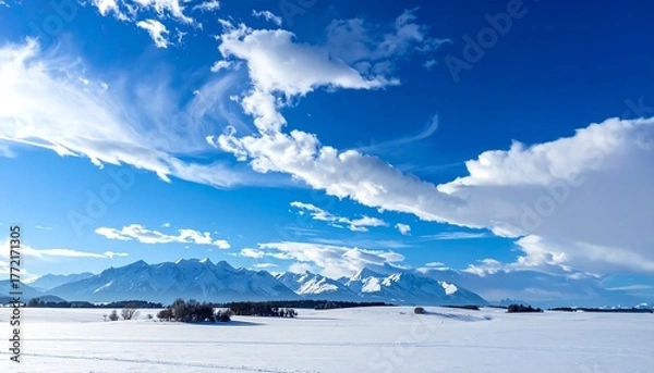 Fototapeta A winter scene of snow-covered fields, majestic mountains, and cloudy sky