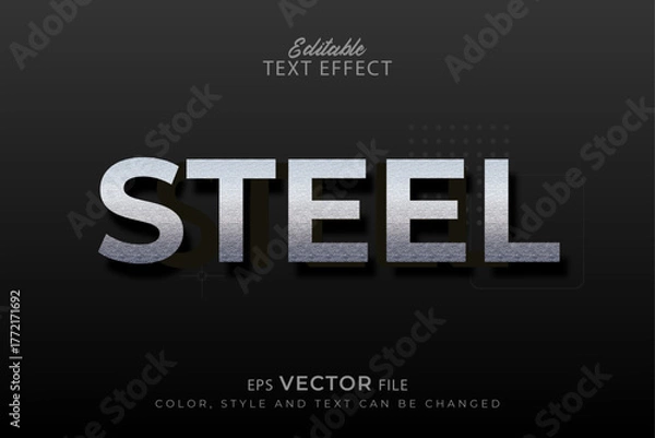 Fototapeta Steel Vector Text Effect, metallic font with a textured, reflective surface against a dark gray background.