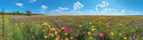 Fototapeta Summer meadow landscape with blue sky, white clouds and colorful wildflowers, green grass field with distant mountains and trees, nature scene, wide angle view, vibrant colors