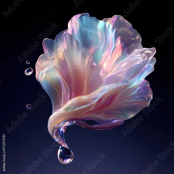 Fototapeta Luminous Beauty Serum Droplet Morphing Bloom with Iridescent Sheen for Commercial Luxury Skincare, Hydration, and Transformation Concept