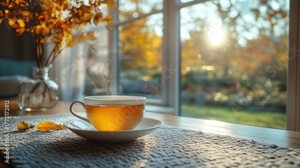 Obraz A warm cup of tea steams on a table by a window, fall foliage outside