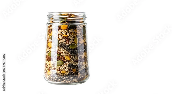 Fototapeta Glass jar filled with mixed seeds isolated on transparent background