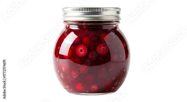 Obraz Cranberry sauce in a glass jar isolated on transparent background, homemade delight
