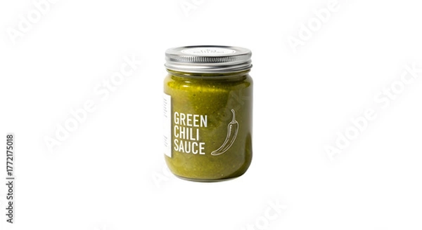 Fototapeta Jar of green chili sauce isolated on transparent background, a flavorful condiment