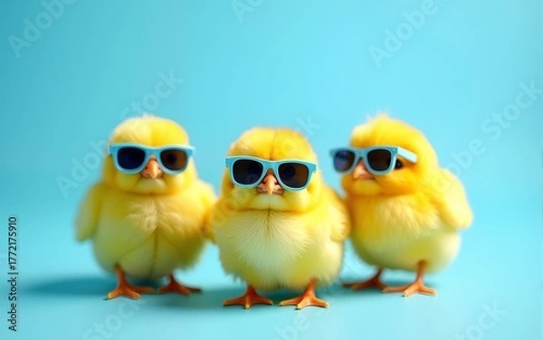 Fototapeta three yellow chicks with blue sunglasses bang, studio blue background. easter concept, generative ai. High quality