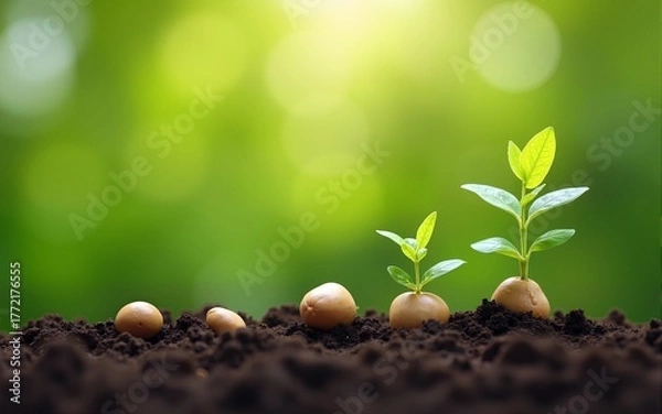 Fototapeta A scene of farming and plant growth is set against a green, blurry backdrop. sprouting from seed and developing into a seedling. Concept of development and ecology in nature with copy space