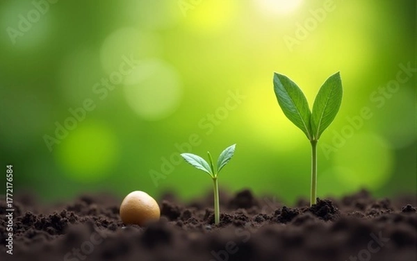 Obraz A scene of farming and plant growth is set against a green, blurry backdrop. sprouting from seed and developing into a seedling. Concept of development and ecology in nature with copy space