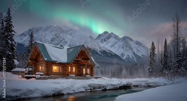 Fototapeta Aurora Borealis Over a Snowy Log Cabin