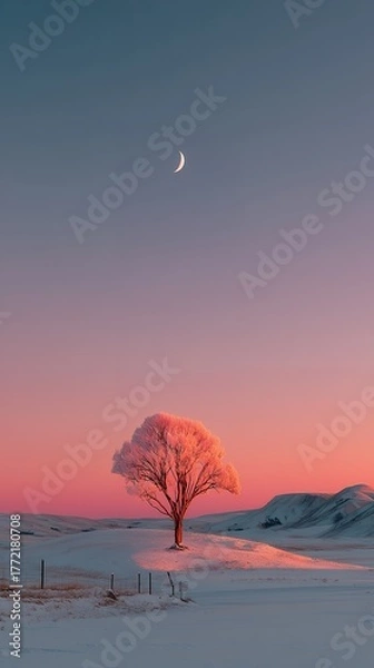 Fototapeta Minimalist winter snow landscape with pink sky and snow covered field, distant trees and small moon, soft pastel colors, peaceful serene atmosphere, wide perspective