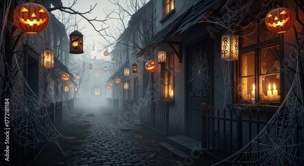 Obraz A spooky, foggy cobblestone street decorated for Halloween with glowing jack-o'-lanterns and spiderwebs.