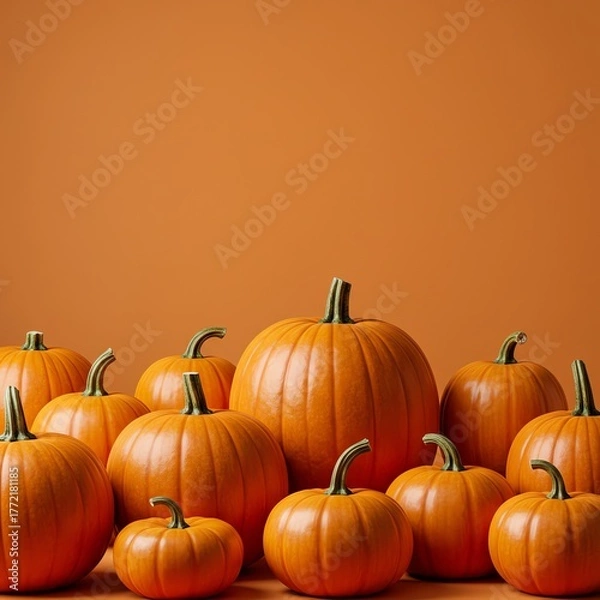 Fototapeta Pumpkins arranged on orange background