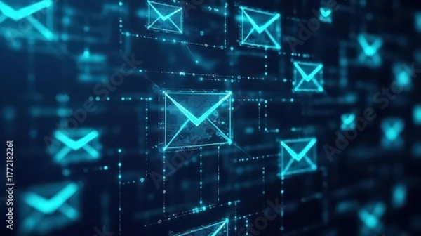 Obraz Digital Communication Network with Multiple Encrypted Email Icons and Data Flow Representing Cybersecurity Technology and Internet Data Transmission