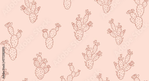 Fototapeta Seamless pattern of hand-drawn prickly pear cacti with delicate blossoms in a reddish-brown outline on a soft pink background.
