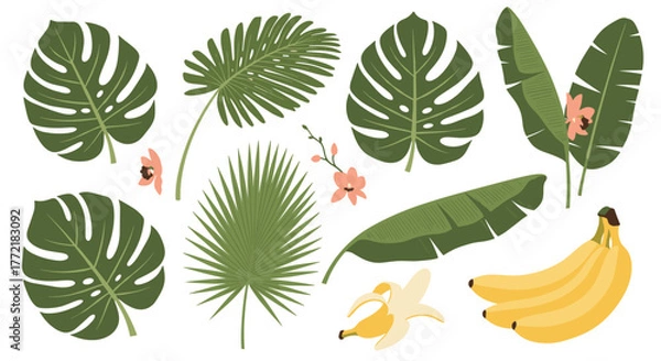 Fototapeta An illustrative set featuring various green tropical leaves, delicate pink flowers, and ripe yellow bananas, evoking a jungle ambiance.