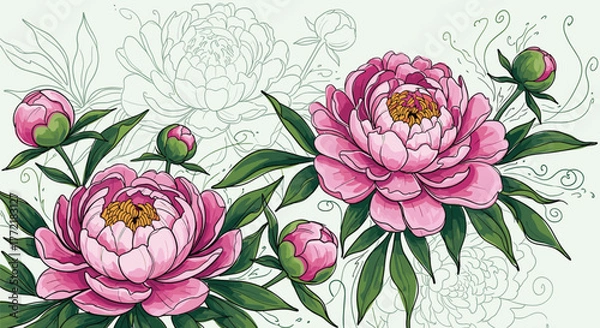 Fototapeta Beautiful pink peonies and buds with green leaves in a vibrant illustration, set against delicate floral outlines.