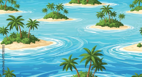 Fototapeta Seamless cartoon pattern of tropical islands with palm trees and sandy beaches amidst swirling blue ocean currents.