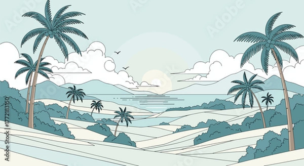 Fototapeta Serene tropical landscape illustration featuring palm trees, rolling hills, calm ocean, distant mountains, and a soft sun in the sky.