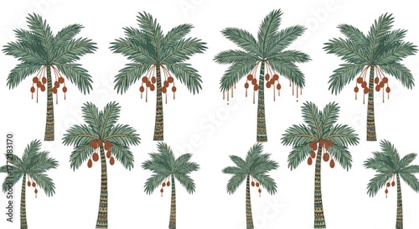 Fototapeta Stylized palm trees with lush green fronds and dangling dates, depicted in a charming hand-drawn illustration on a clear white background.