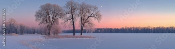 Fototapeta Minimalist winter snow landscape with pink sky and snow covered field, distant trees and small moon, soft pastel colors, peaceful serene atmosphere, wide perspective