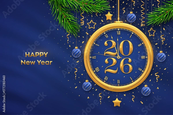 Obraz Happy New Year 2026. Golden New Year countdown clock with numbers 2026. Bauble balls, gold metallic stars, confetti on blue background. New Year greeting card or party invitation. Vector illustration.