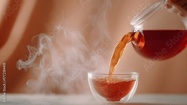 Obraz Amber tea pouring from glass teapot into clear glass cup with steam beverage drink