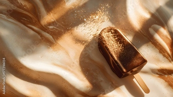 Obraz Chocolate ice cream bar with golden glitter on swirled cream background popsicle dessert