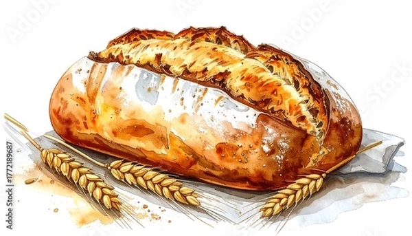 Fototapeta Watercolor rendering of a crusty loaf of bread with wheat stalks