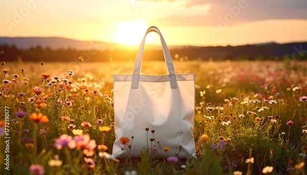 Obraz White bag stands tall in a vibrant field, sunset glow behind